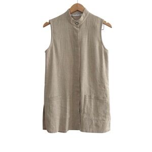 Vintage Sleeveless Beige Button Up Vest High Neck Top